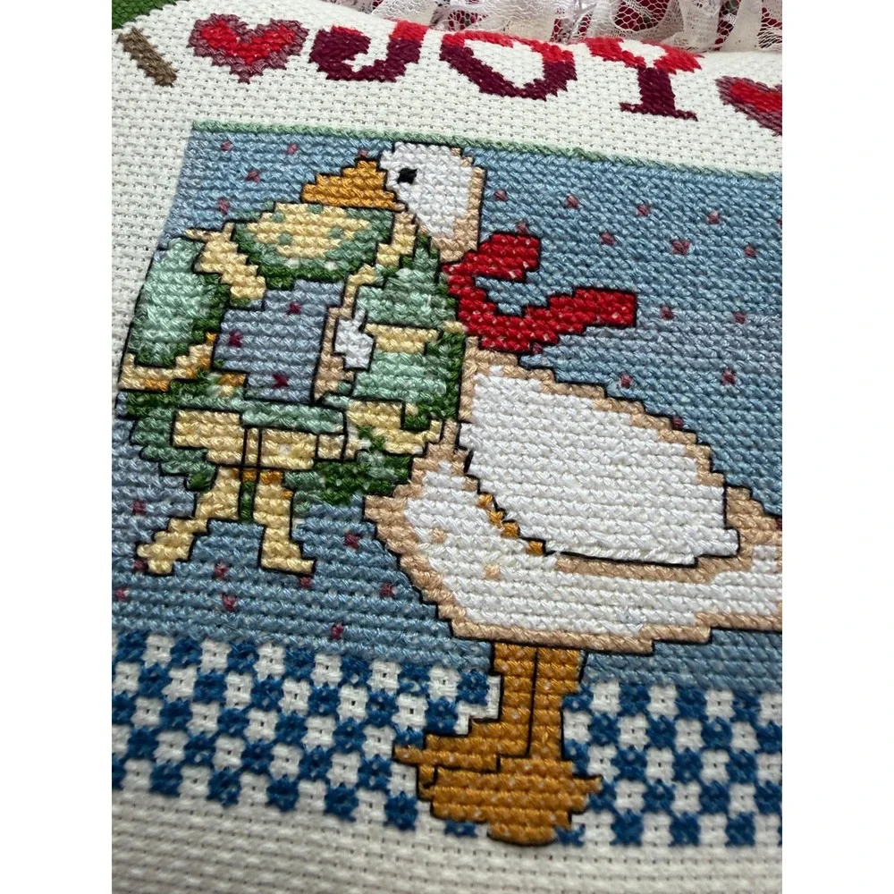 VTG Cross Stitch Christmas Goose Pillow Small Red Joy Lace Ruffle Cottagecore